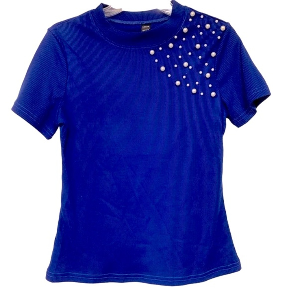 SHEIN Royal Blue Short Sleeve Pearl Accent Ribbed Top